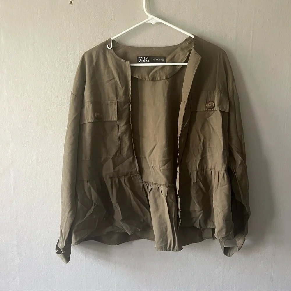 Zara Ruffle Military Green Cardigan Size M